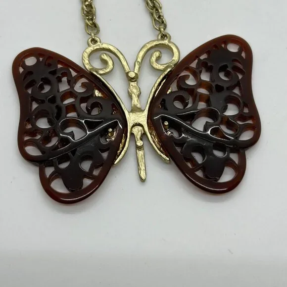 Vintage Anthropologie Butterfly Pendant Necklace Brown Filigree Wings Gold-Tone - Picture 11 of 15